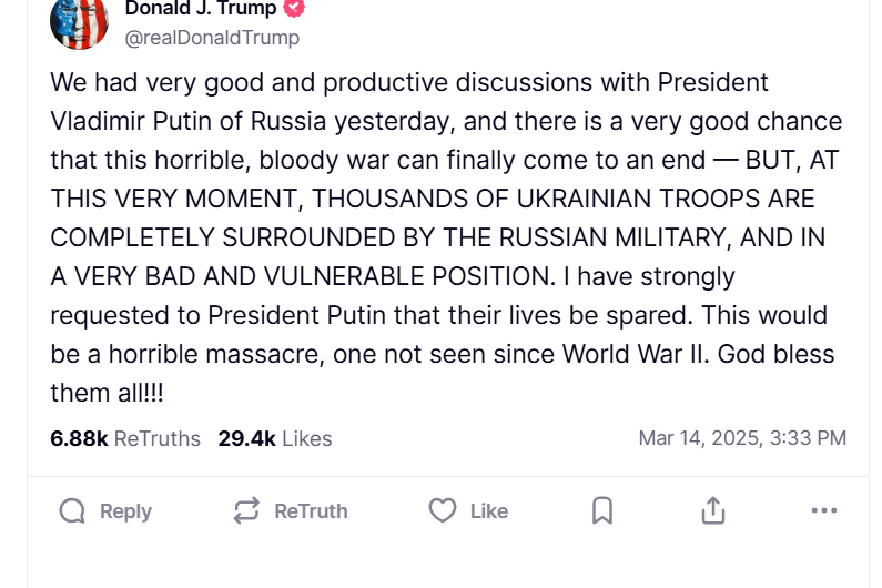 Donald Tramps: “Es lūdzu Putinu saudzēt ielenktos Ukrainas karavīrus!”