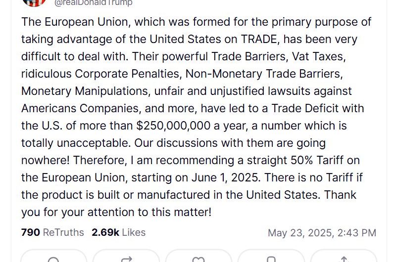 Prezidents Tramps izziņo 50% tarifu Eiropas Savienībai no 2025. gada 1. jūnija