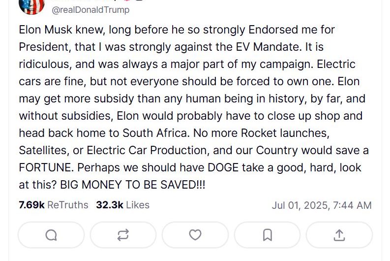 Tramps asi kritizē Elonu Masku un elektroauto subsīdijas: “Milzīga nauda, ko varētu ietaupīt!”